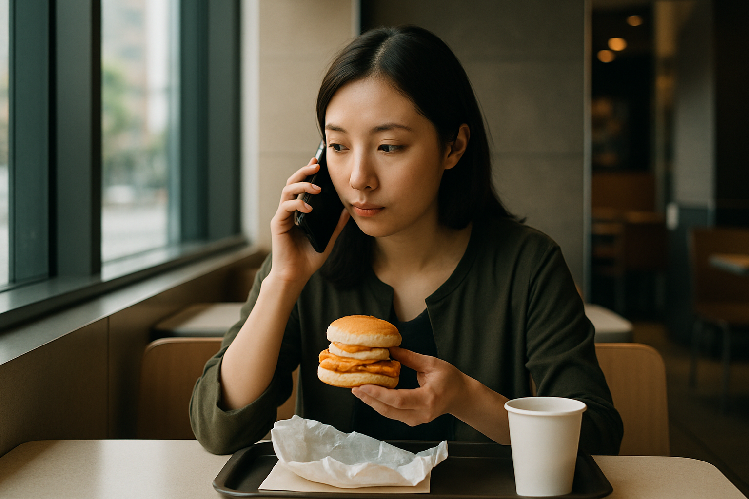 Woman Eating Tsukimi Muffin After Reporting Half-Day Leave Due to Child's Illness
